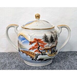 Vintage Dove China Sugar Bowl Made in Japan Scenic Landscape Gold Trim
